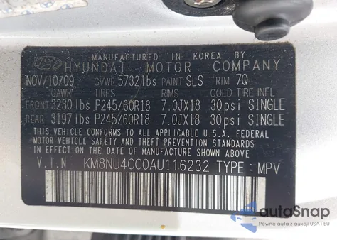 2010 Hyundai Veracruz Limited из США, поврежденный, VIN KM8NU4CC0AU116232